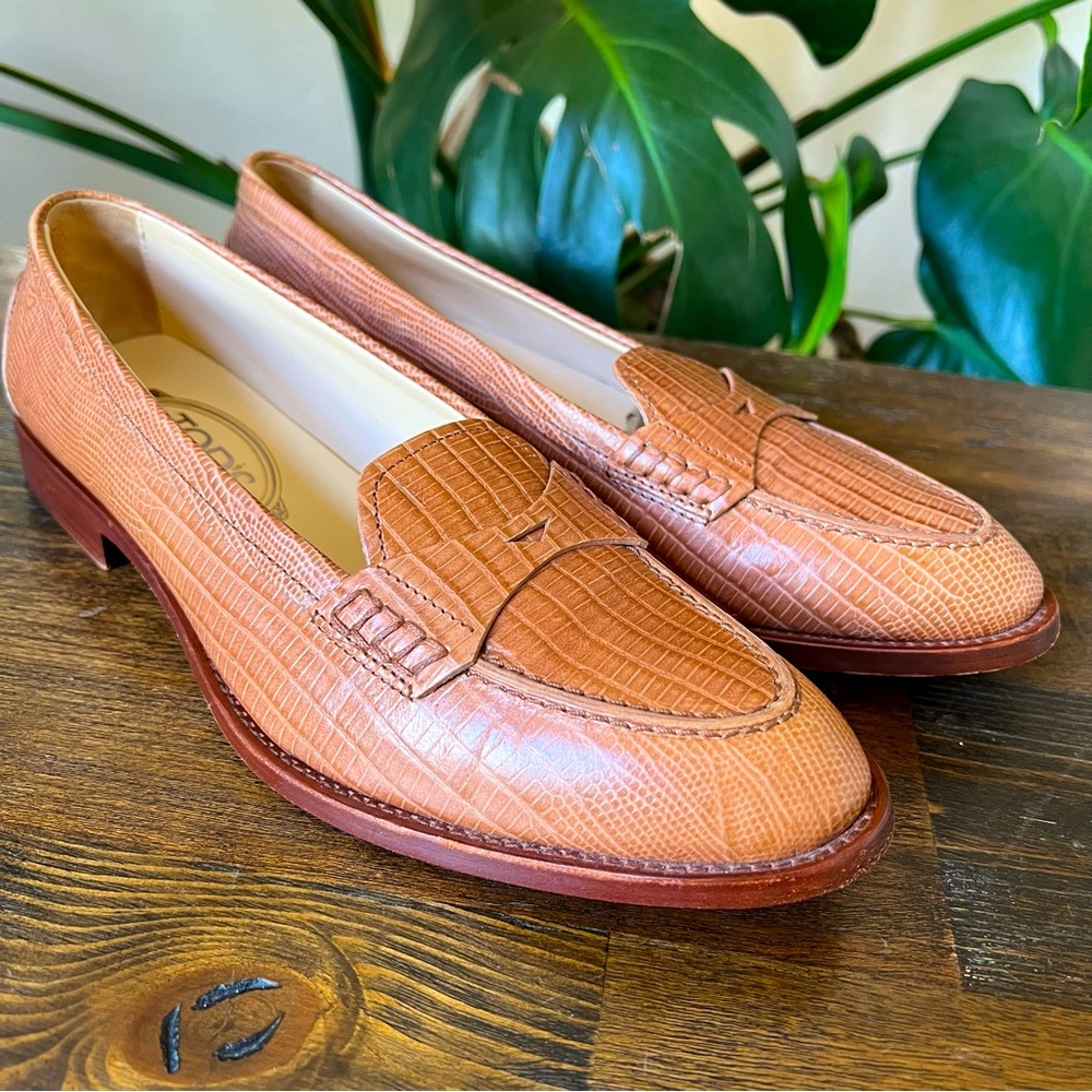 Tod’s Brown Croc Leather Penny Loafers With Drivers Heel EU37.5  $795